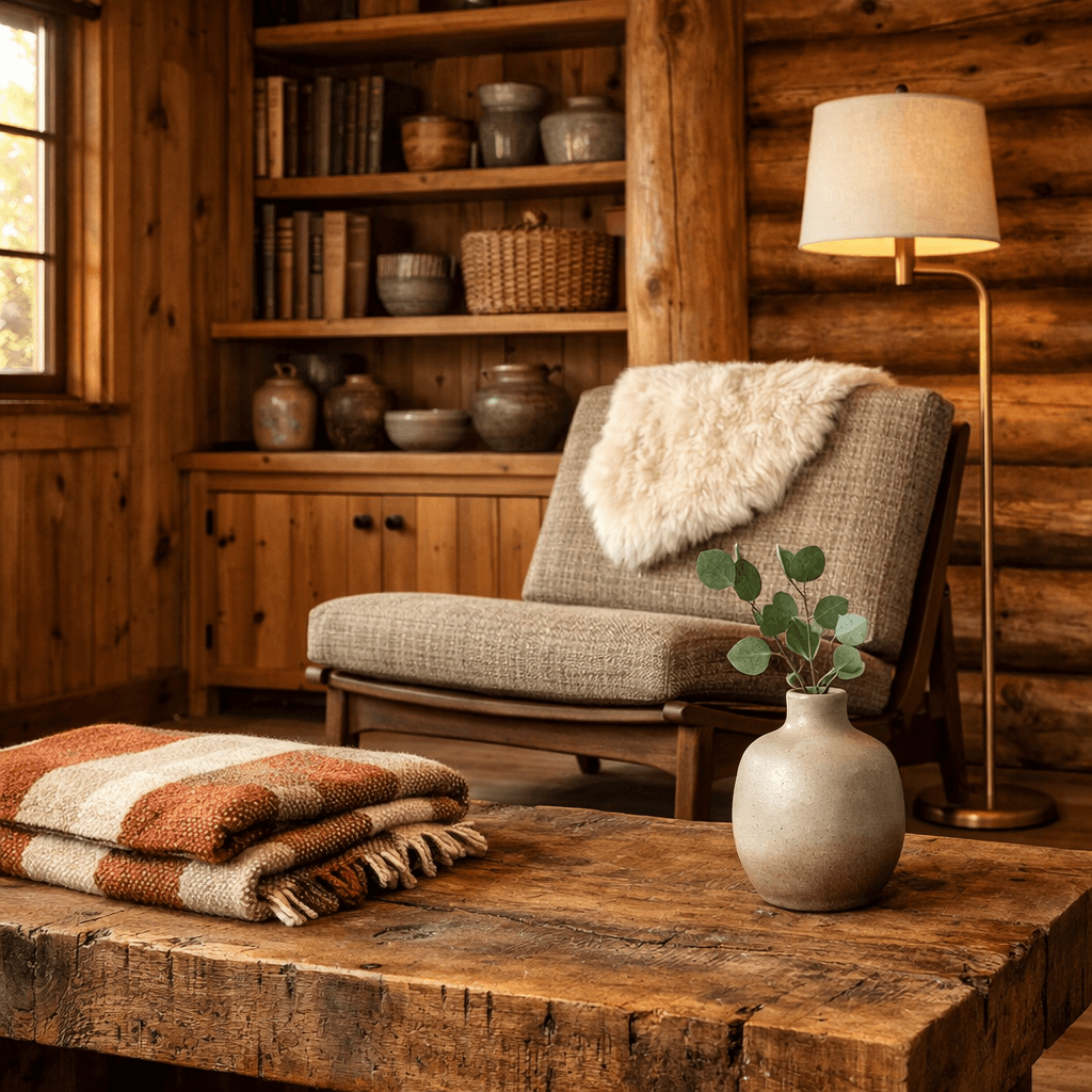 Cozy cabin rustic living room with warm wood tones, modern chair, and handmade decor, illuminated by soft afternoon light.