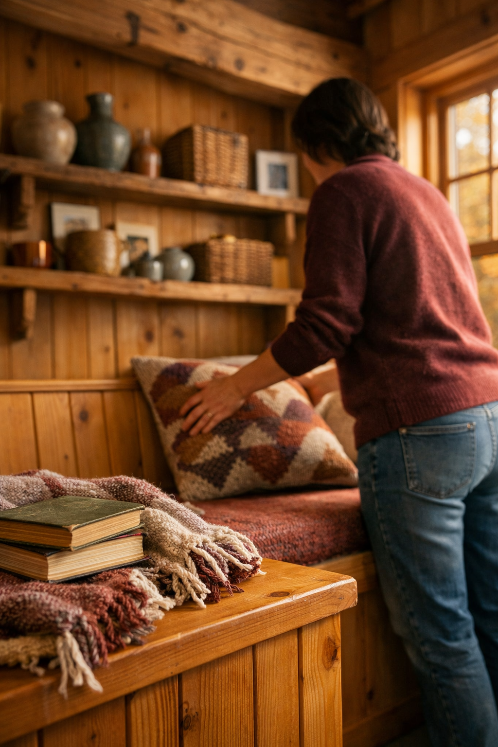 Faceless homeowner arranges thrifted pillow on a cozy cabin rustic window bench, surrounded by warm wood and textiles.