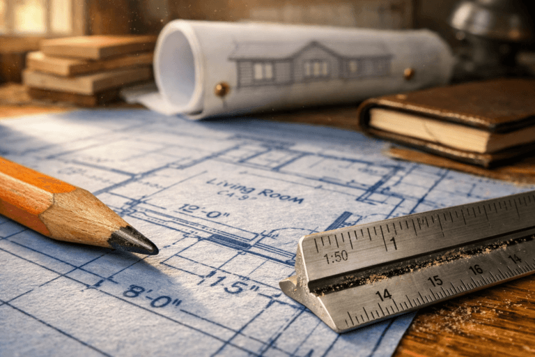 Extreme macro shot of cabin drawings on blueprint paper, a carpenter's pencil, and a steel ruler on a warm oak workbench.