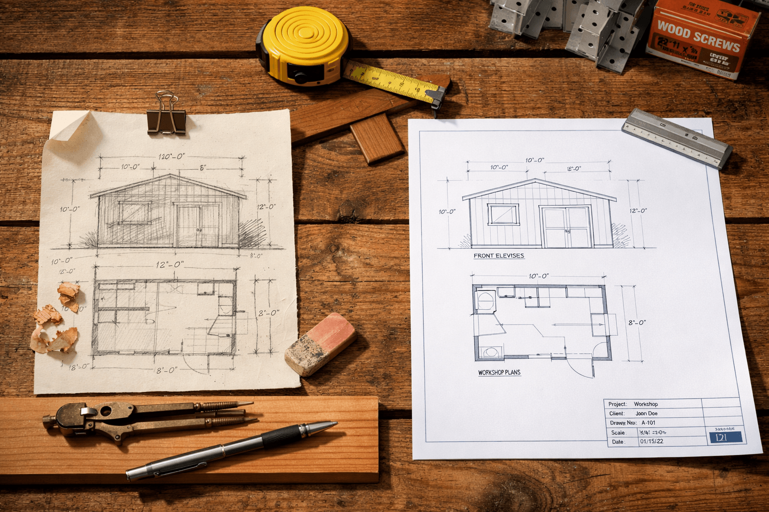 Overhead view of a rustic cabin workshop showcasing hand-drawn and printed cabin drawings on a sunlit workbench.