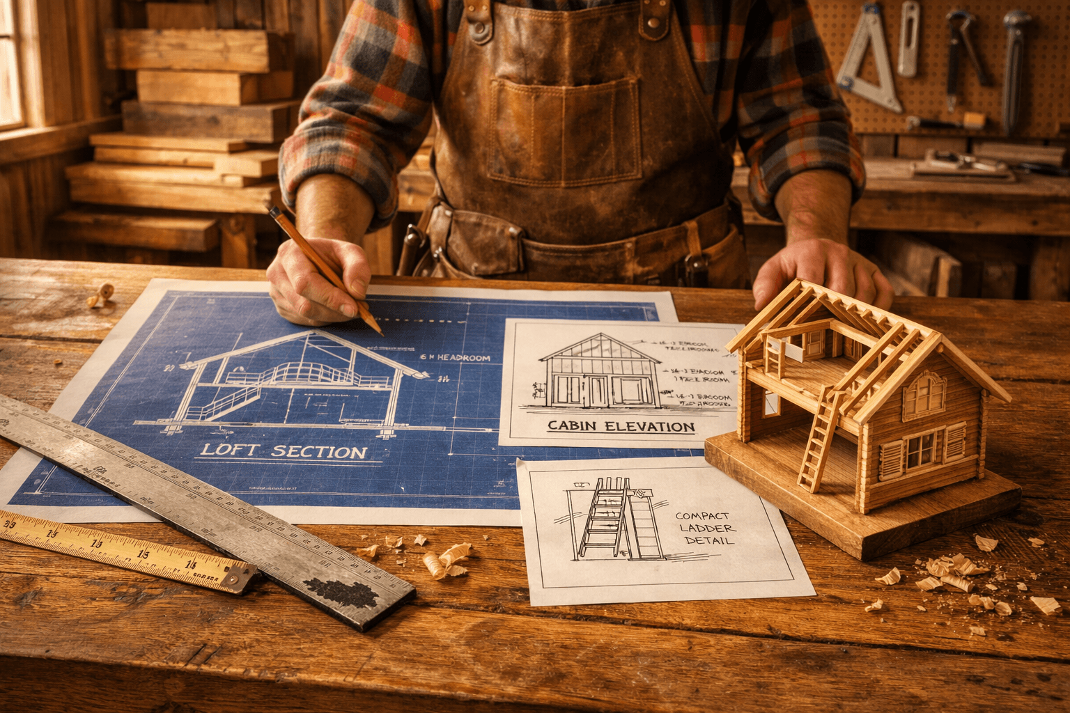 Warm workshop with a worktable covered in cabin drawings, tools, and a builder focused on design decisions.