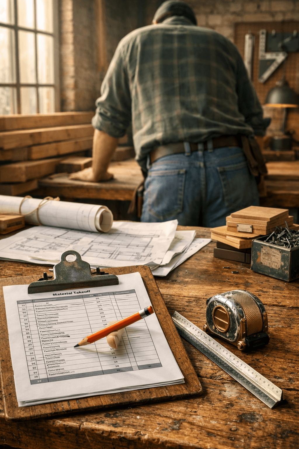 Builder in flannel leans over oak workbench with cabin drawings, tools, and clipboard in warm, golden afternoon light.