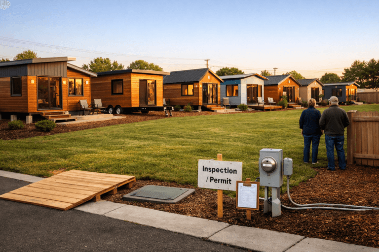 Tiny houses in backyard: 10 small homes, two people, lawn, utility meter, and warm evening light.