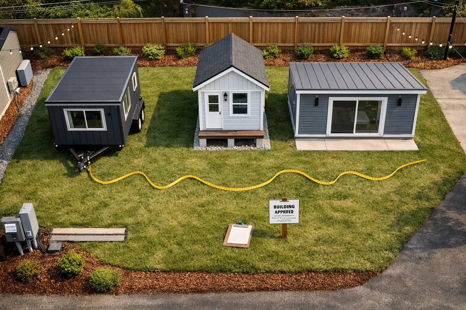 Bird’s-eye view of tiny houses in backyard: three tiny homes, measuring tape, and permit sign on a suburban lot.