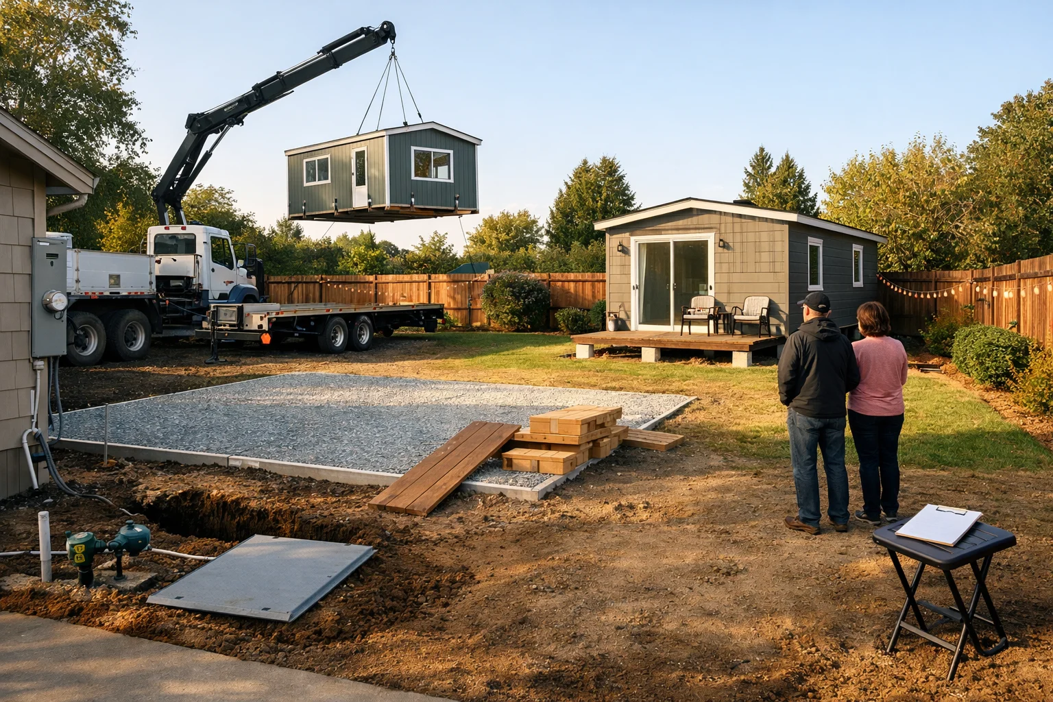 tiny houses in backyard being delivered to a suburban yard, with a crane truck and homeowners watching