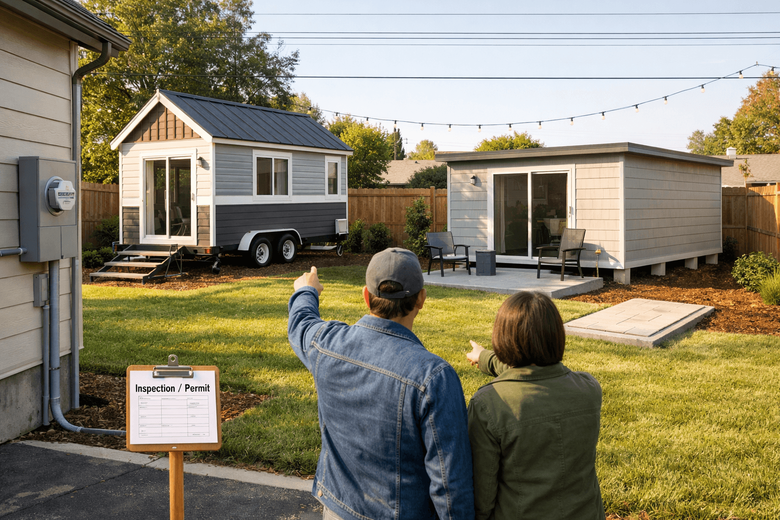 Two homeowners compare tiny houses in backyard: one on a trailer, one on foundation piers.