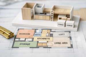 Top-down house 600 square feet model on tracing paper with tape measure and storage boxes.