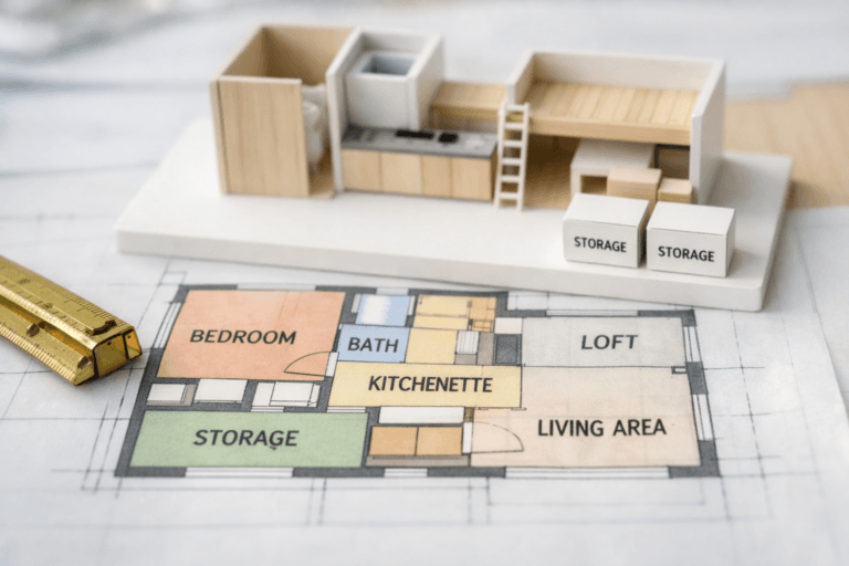 Top-down house 600 square feet model on tracing paper with tape measure and storage boxes.