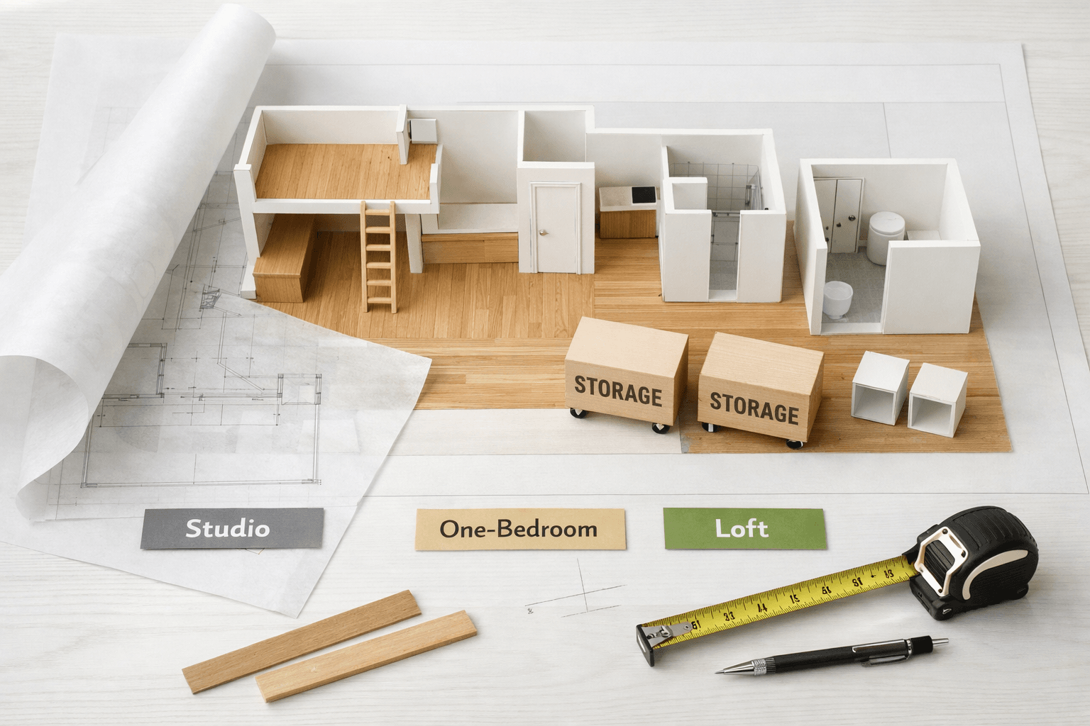 Overhead view of a miniature home layout model on a desk with floor plans, tape measure, and house 600 square feet