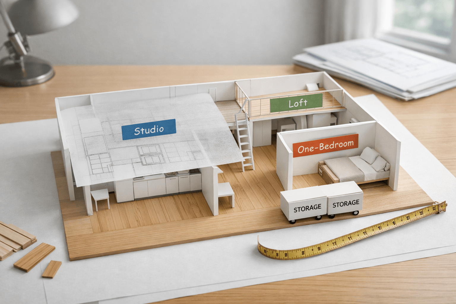 Architectural studio desk with house 600 square feet scale model, loft plan, labels, tape measure