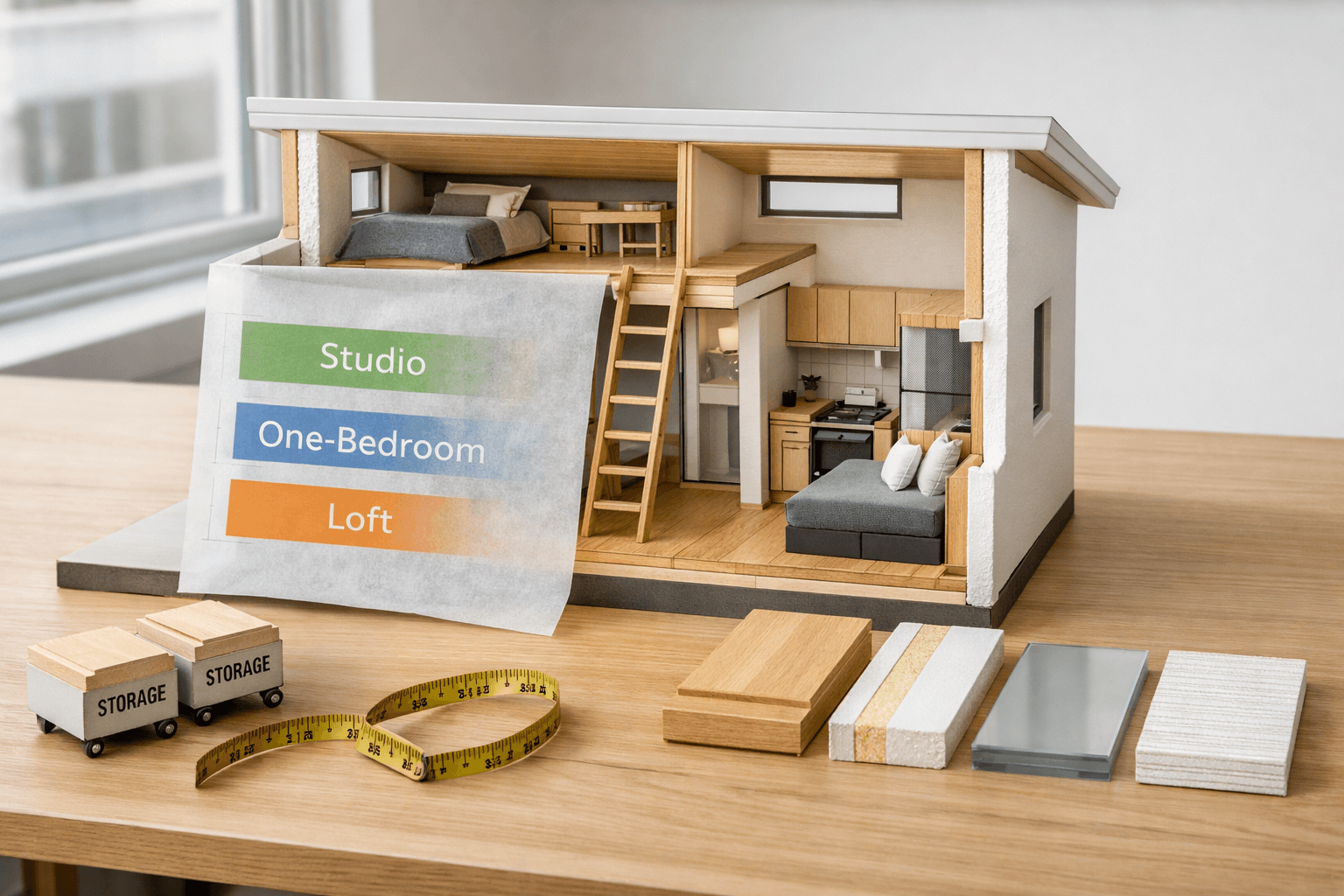 Miniature house 600 square feet model on a desk with cutaway loft, plans, tape measure, and material samples.