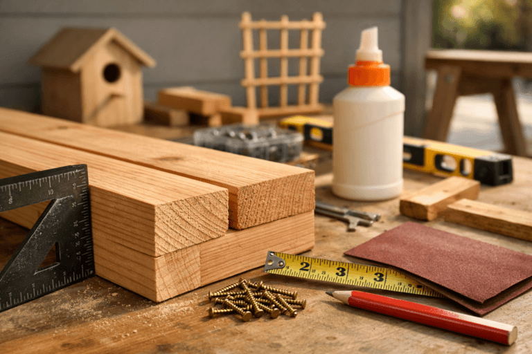 Workbench with cedar boards, tools, and birdhouse for easy to build wood projects