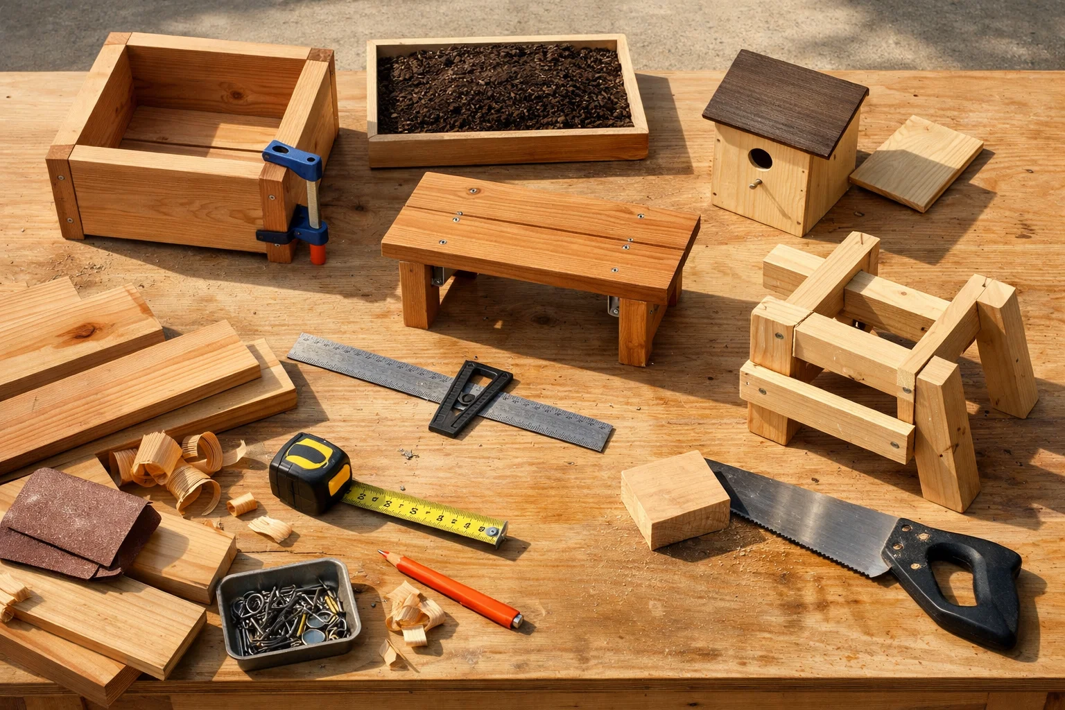 Overhead workshop workbench with easy to build wood projects: planter, birdhouse, bench, trellis, and sawhorse.