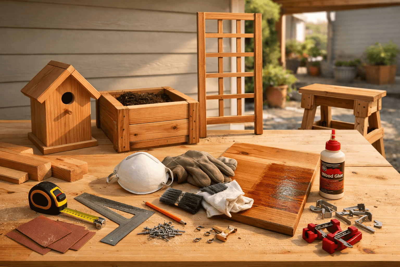 Backyard workshop bench with easy to build wood projects: birdhouse, planter box, trellis, and tools.