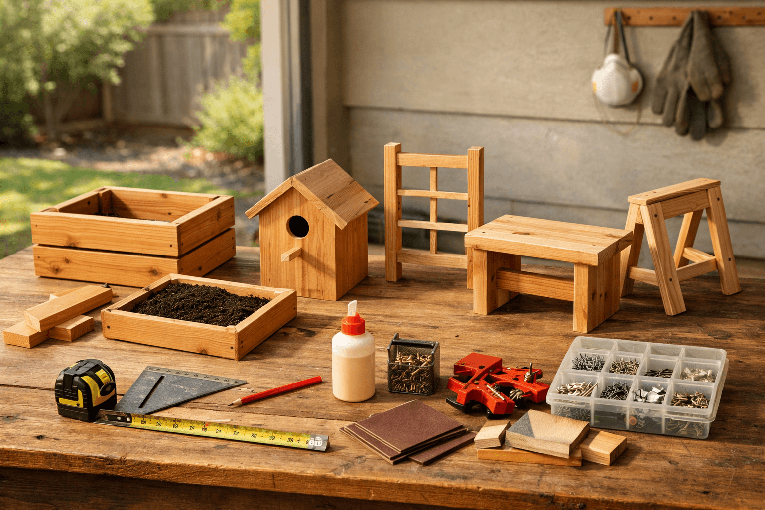 easy to build wood projects: cedar planter, birdhouse, trellis, bench, and sawhorse on a workshop bench.