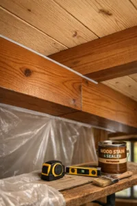 Close-up of cedar beam wrap meeting pine ceiling in a cabin, with caulked seam and wood projects tools nearby.