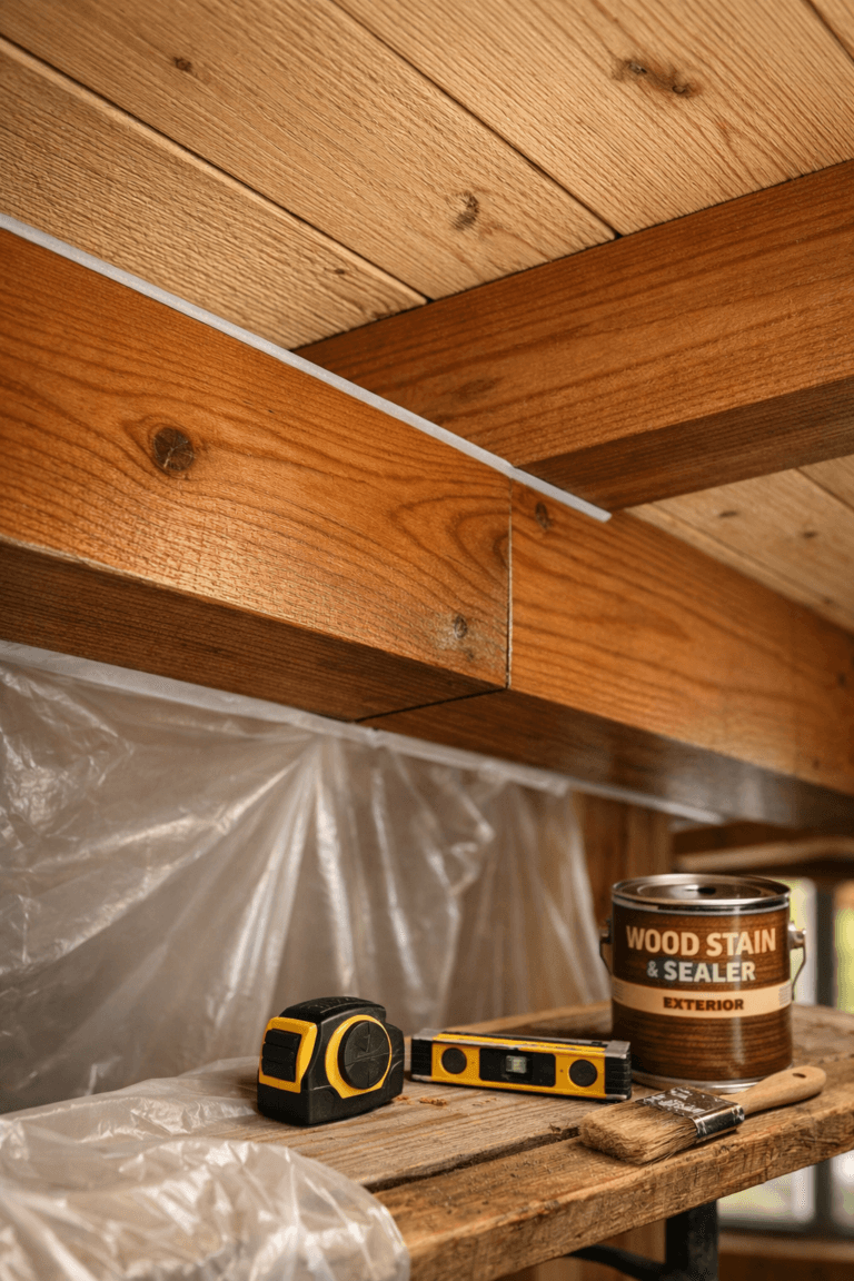 Close-up of cedar beam wrap meeting pine ceiling in a cabin, with caulked seam and wood projects tools nearby.