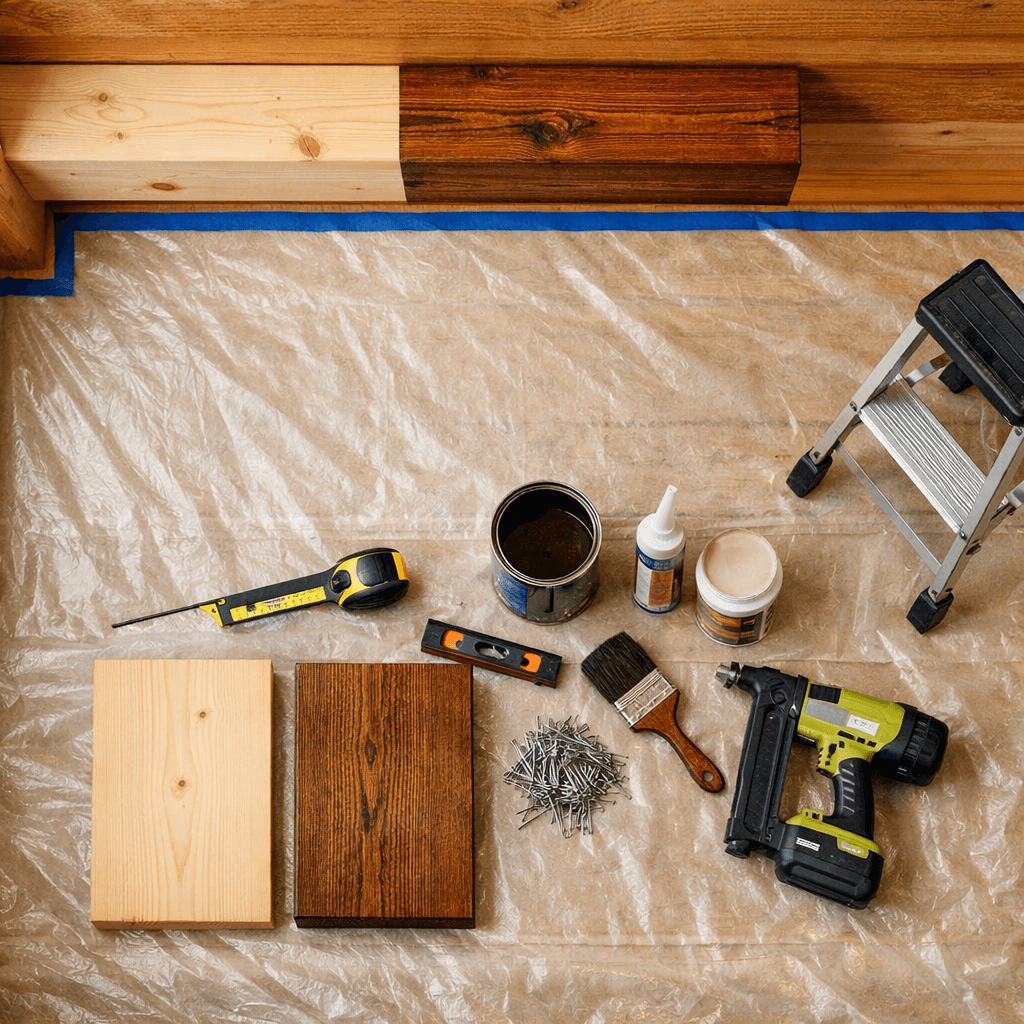 Overhead cabin ceiling wood projects with cedar boards, tools, stain, and taped-off workspace