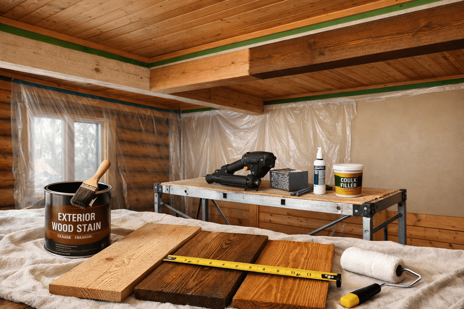 Cabin ceiling wood projects in progress with cedar boards, stain can, tools, and masked beam wraps.