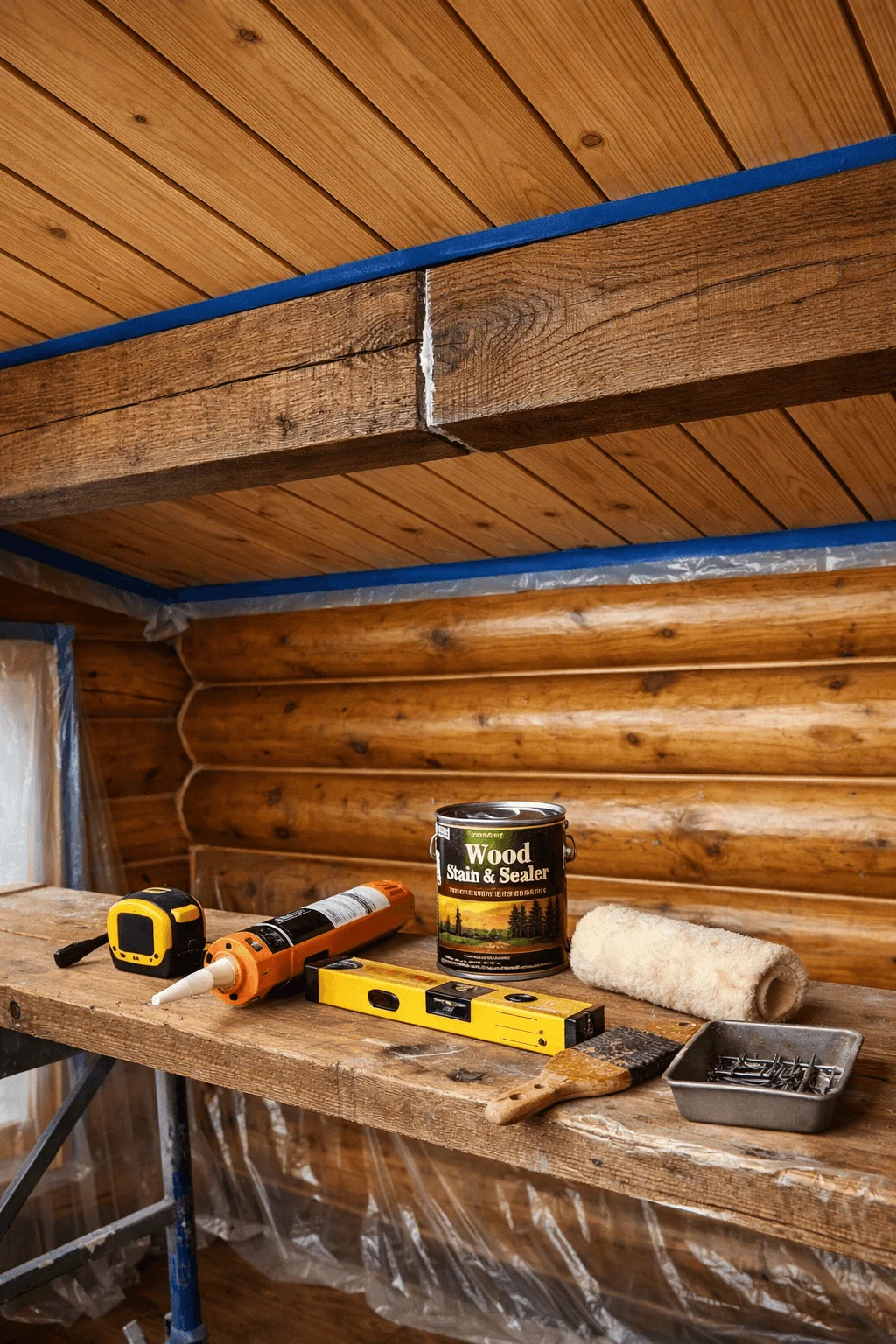 Cabin ceiling upgrade with faux cedar beam wraps, sealed seams, and wood projects tools on a scaffold plank.
