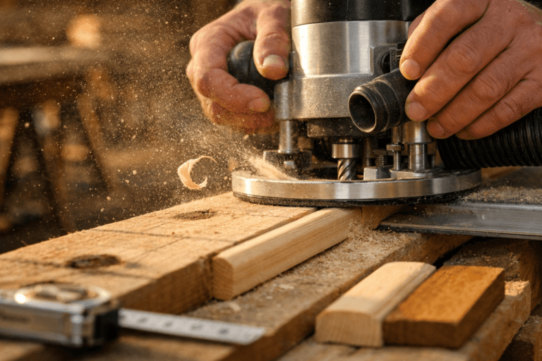 Router woodworking close-up: hands guide a handheld router along a clamped straightedge on rough pine.