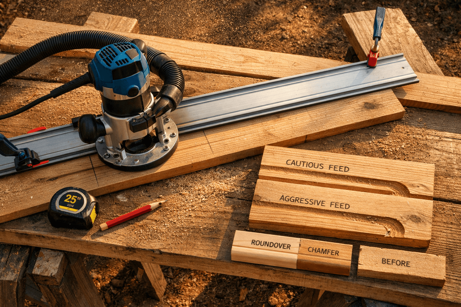 Overhead cabin workbench with router woodworking tools, guide rail, pine boards, tape, pencil, and clamps.