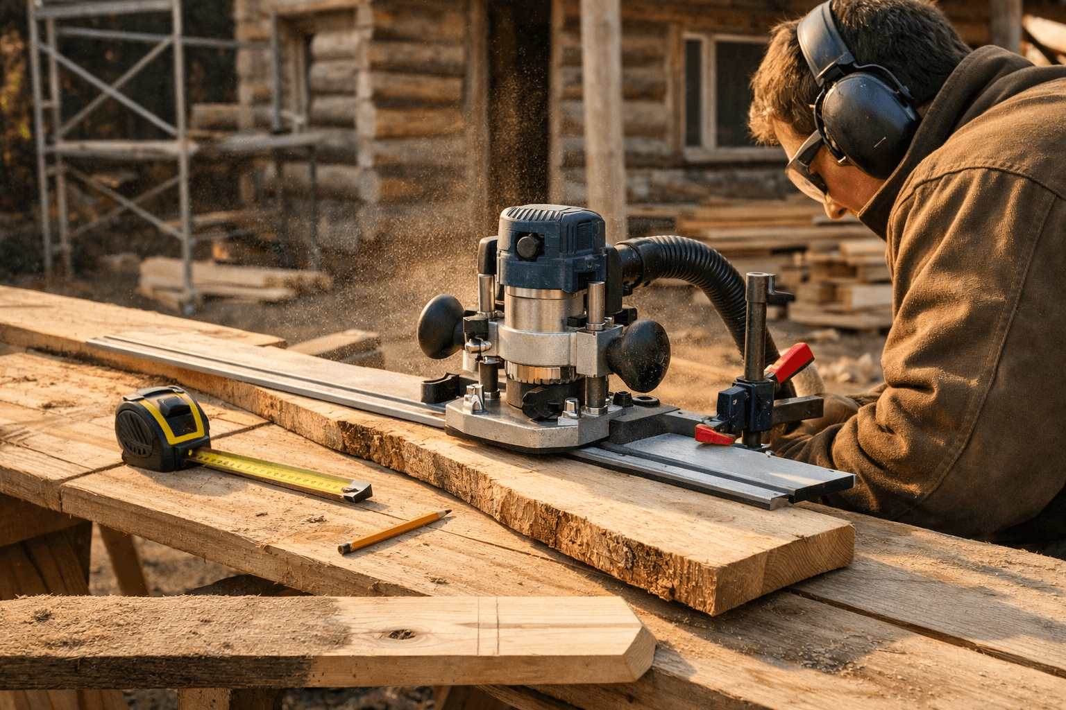 Worker using router woodworking on a clamped bowed board beside lumber at a rustic cabin job site.