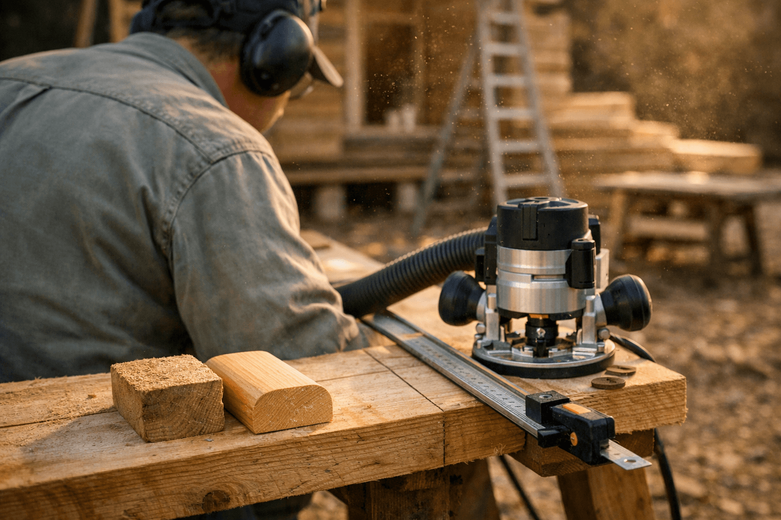 Woodworker preparing pine boards for router woodworking at a cabin build site, with router and sample trim.