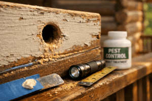 Close-up of carpenter bees control inspection: holes in weathered cabin wood with sawdust and touch-up tools.