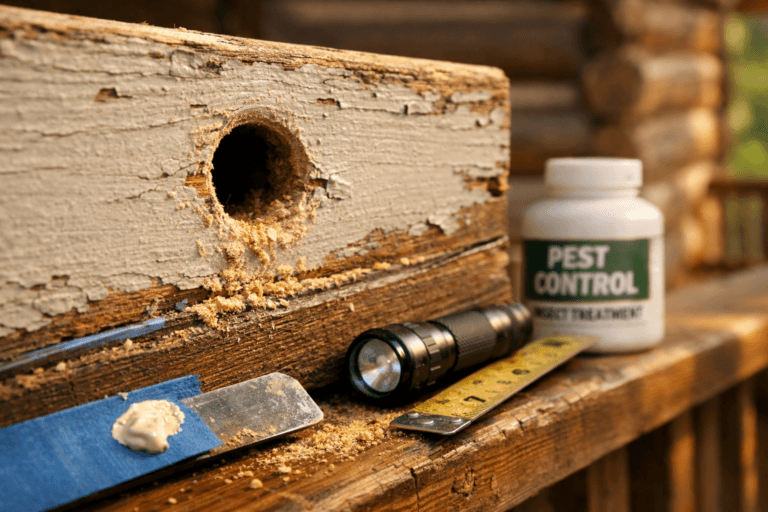 Close-up of carpenter bees control inspection: holes in weathered cabin wood with sawdust and touch-up tools.
