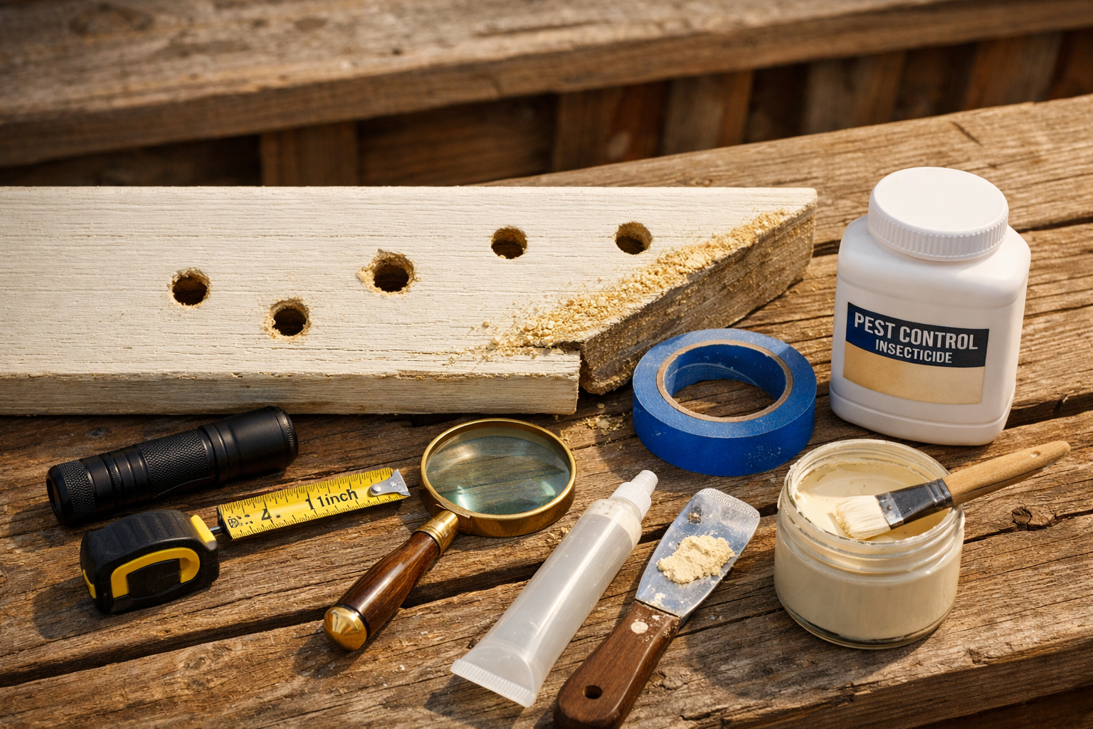 Carpenter bees control tools beside porch wood with bee holes, frass, tape, and filler
