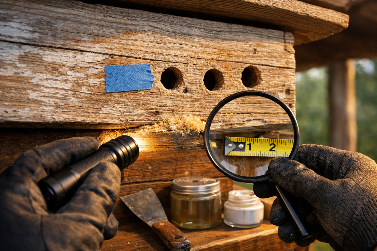 Carpenter bees control inspection of a rustic cabin eave with drilled holes, frass, flashlight, and tools.
