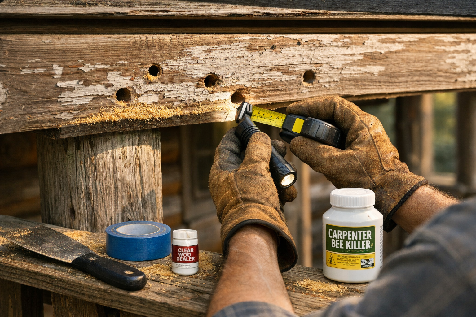Homeowner inspects carpenter bee holes in cabin eaves for carpenter bees control