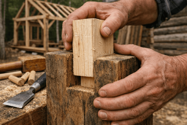 Types of woodworking: hands fitting a mortise-and-tenon joint on a timber post with tools nearby.