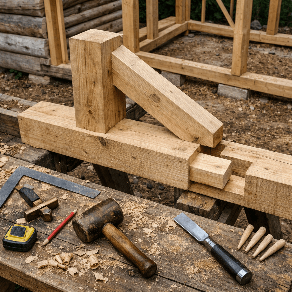 Overhead view of types of woodworking tools and timber-frame joinery at a cabin build site