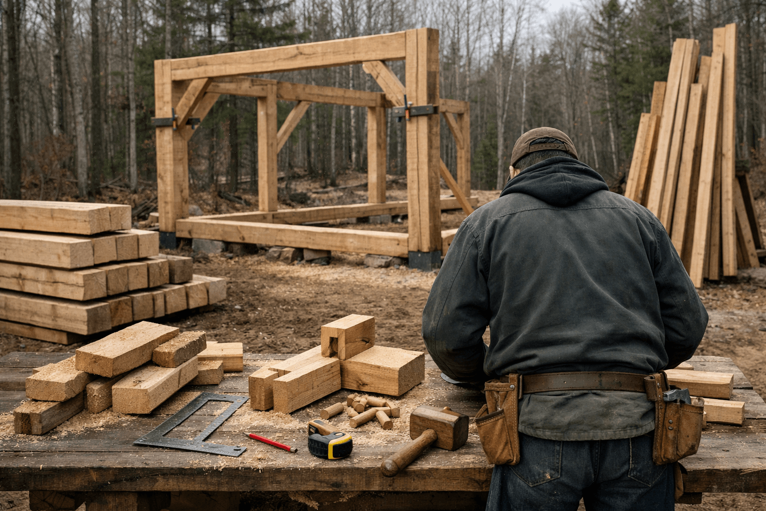 Woodland cabin build site with types of woodworking tools, timber stacks, and a partially assembled frame.