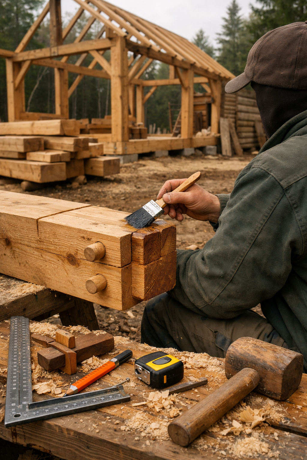 Builder sealing a mortise-and-tenon timber joint at a cabin site, with types of woodworking tools nearby.
