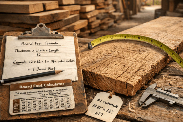 How to calculate board feet worksheet beside oak plank, tape measure, calipers, and lumber tags