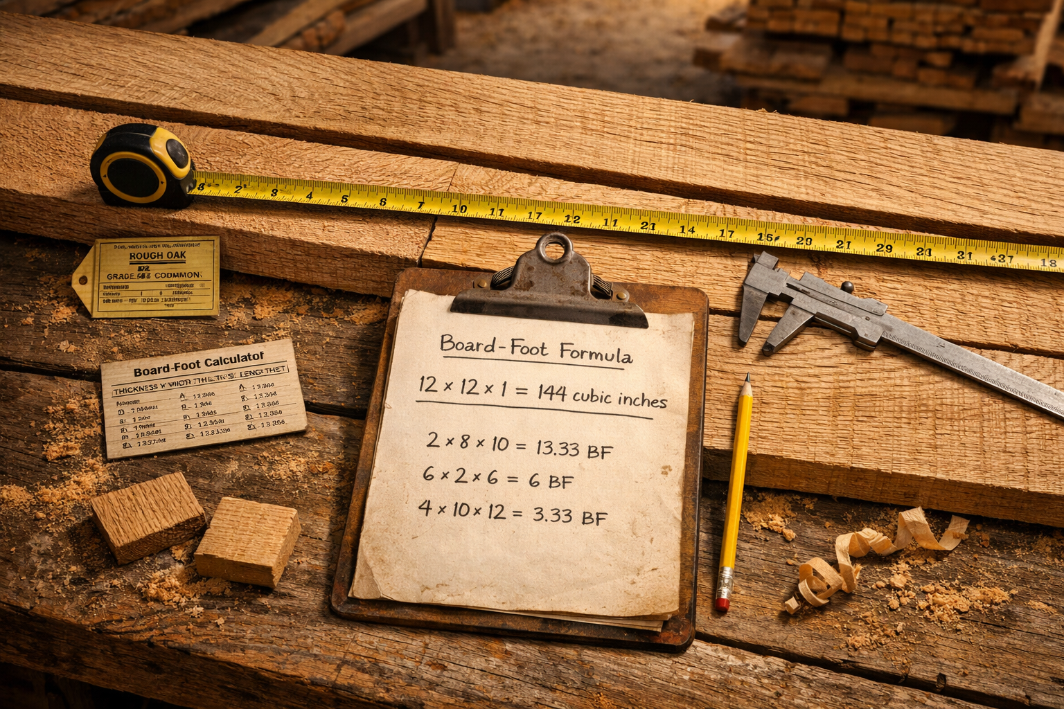 Overhead sawmill table with rough oak boards, tape measure, worksheet on how to calculate board feet