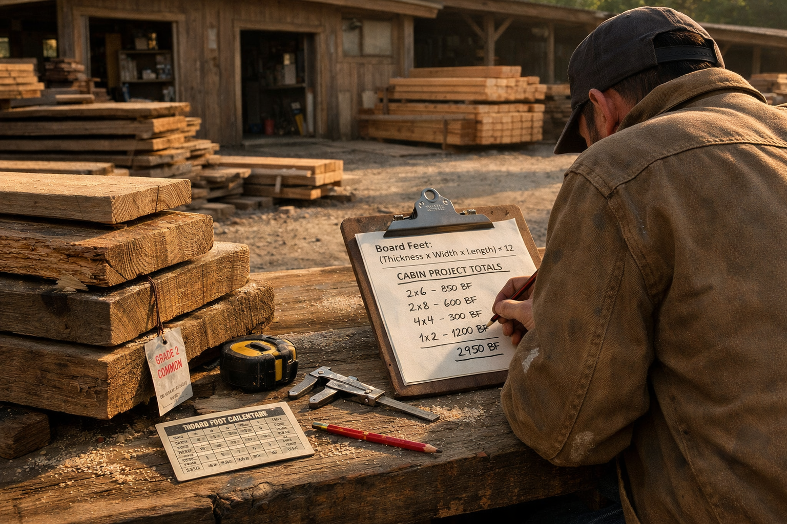Builder measuring rough lumber at a sawmill table, worksheet on how to calculate board feet