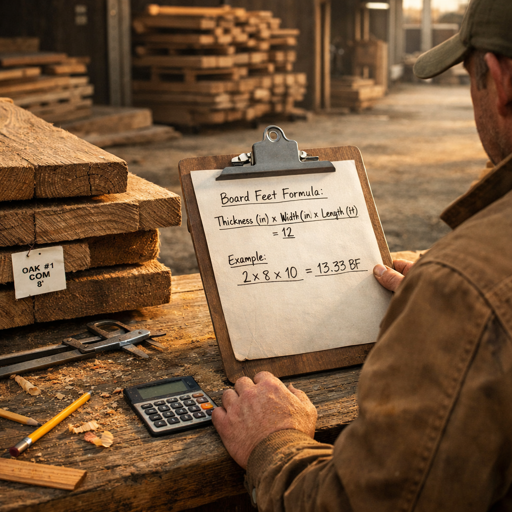 Builder at sawmill bench with worksheet on how to calculate board feet