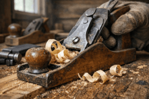 Wooden bench planes shaving reclaimed oak by hand in a quiet cabin workshop, curls of wood on the bench.