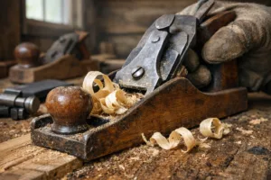 Wooden bench planes shaving reclaimed oak by hand in a quiet cabin workshop, curls of wood on the bench.
