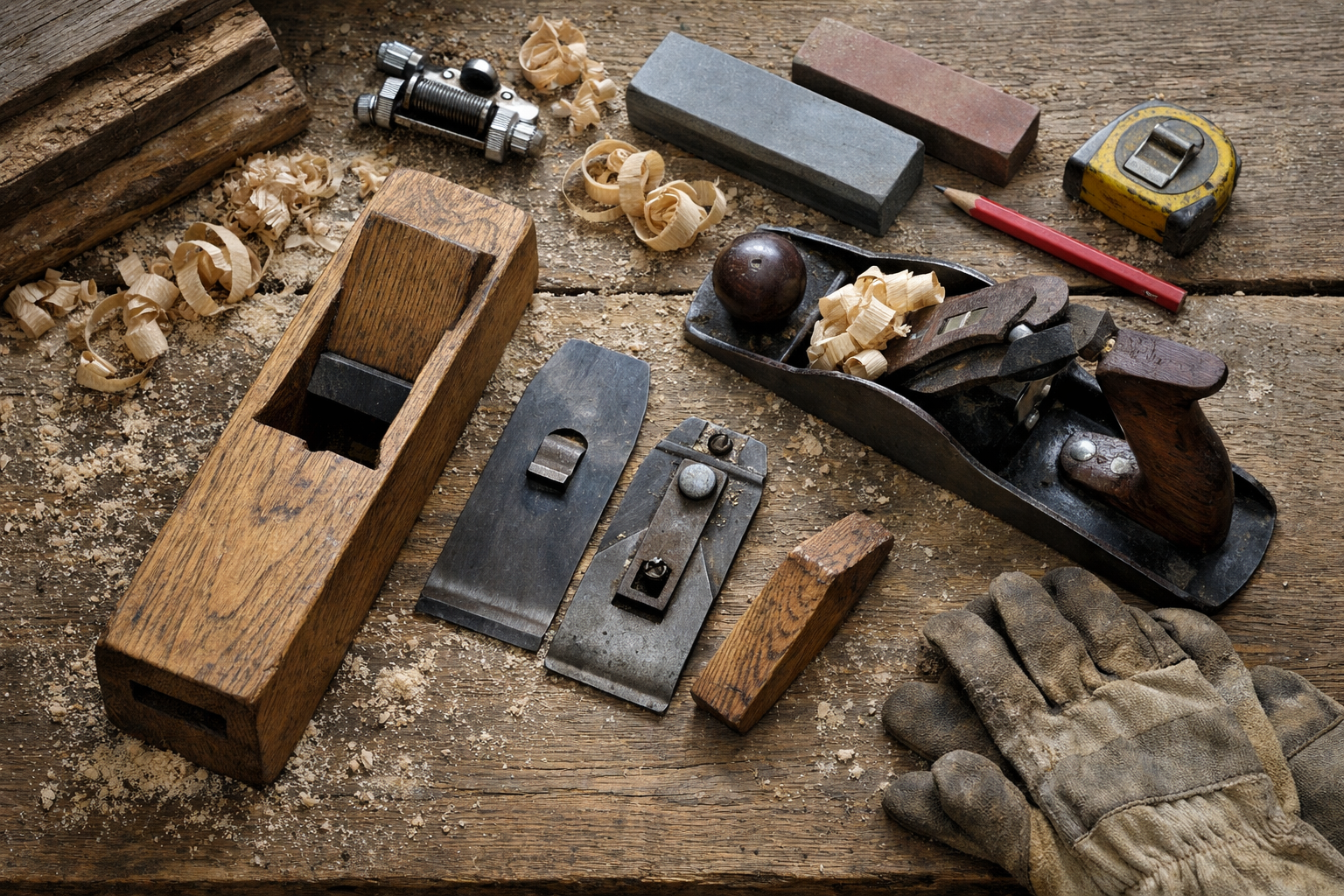 Overhead view of wooden bench planes, blades, wedge, shavings, stones, gloves, and tools on a dusty workbench.