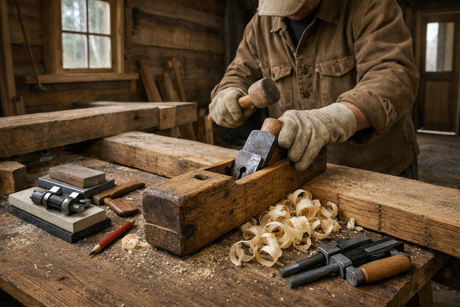 Cabin woodworker tapping a jack plane; wooden bench planes, shavings, and tools on sawhorses.