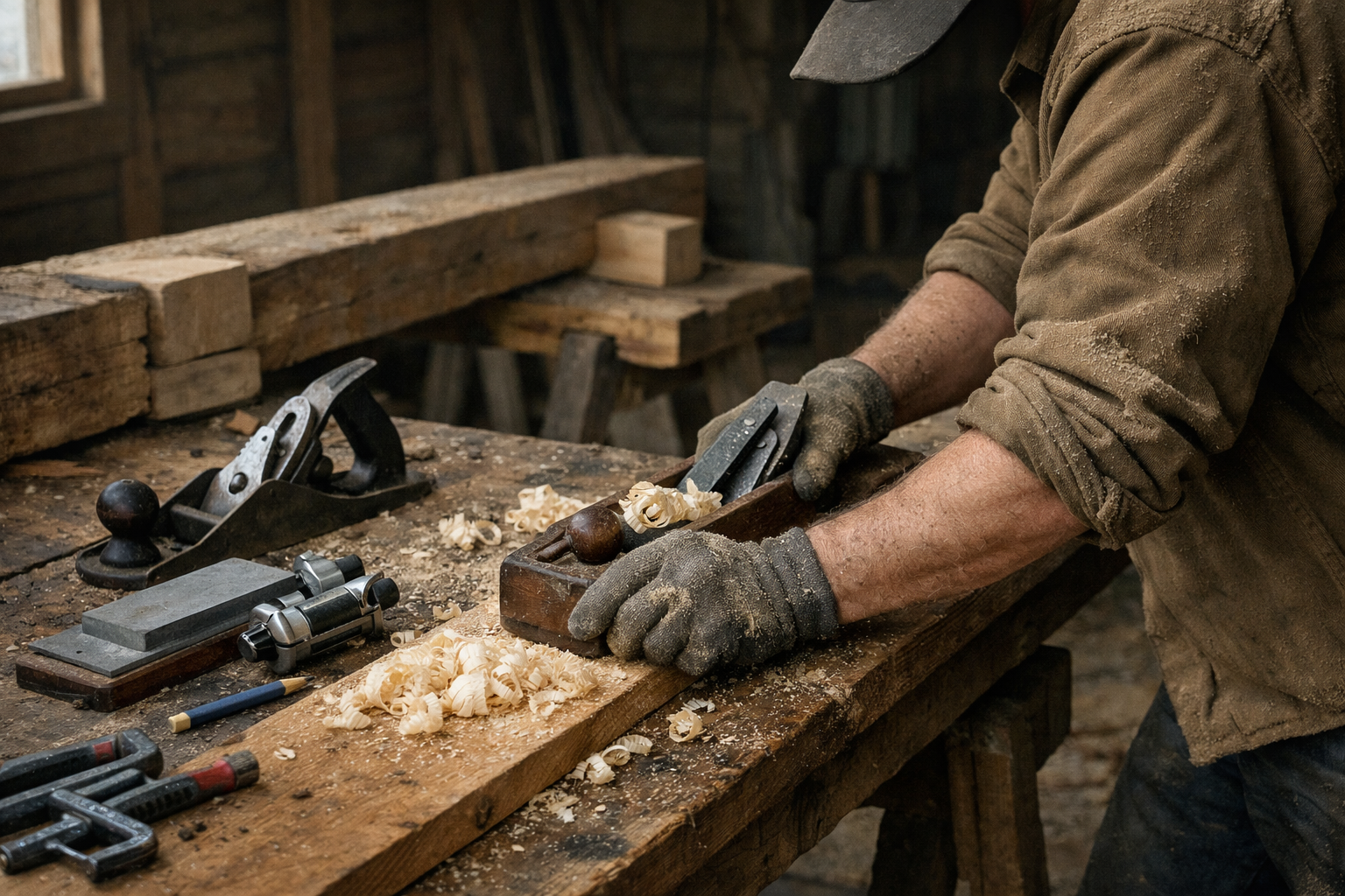 Builder planing reclaimed pine at a cabin workbench with wooden bench planes and wood shavings