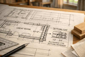 Detailed log house floor plan with labeled rooms, settling-gap callout, drafting tools, and timber samples on a studio table.