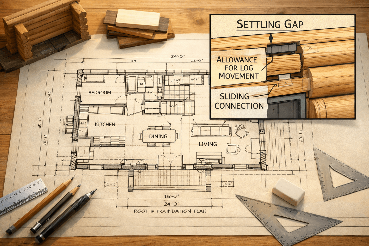 Overhead log house floor plan with settling-gap detail, dimensions, drafting tools, timber samples, and wall model on a studio table.