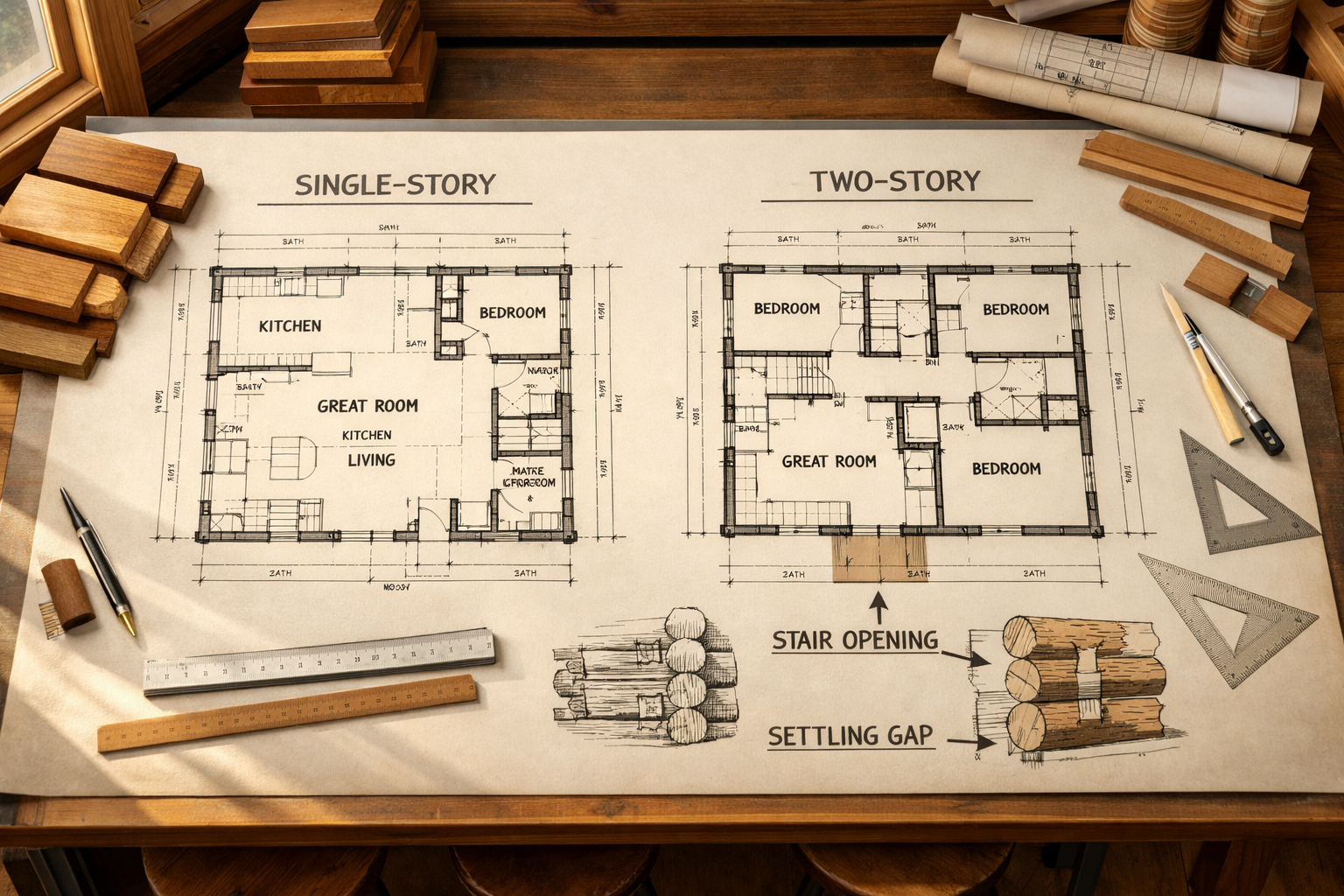 Overhead view of a timber studio table displaying side-by-side single- and two-story log house floor plan drawings.