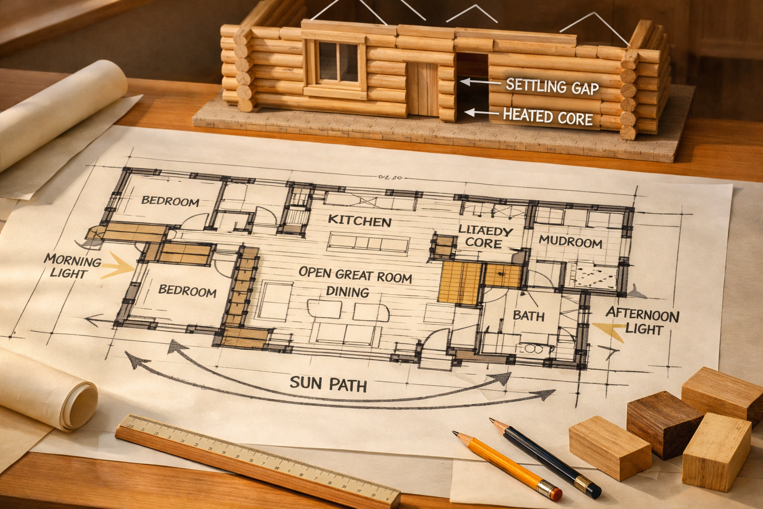 Log house floor plan with sun-path arrows, heated core, timber samples, and a partially assembled log-wall model on a drafting table.